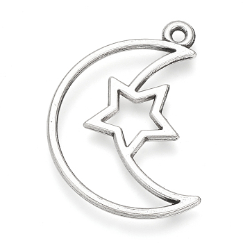 Tibetan Style Alloy Pendants, Cadmium Free & Lead Free, Moon with Star, Antique Silver, 36x25x2mm, Hole: 2mm