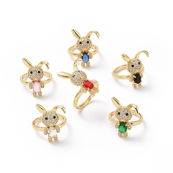 Cubic Zirconia Rabbit Adjustable Ring, Real 18K Gold Plated Brass Wide Ring for Women, Cadmium Free & Lead Free, Mixed Color, US Size 6 3/4(17.1mm)