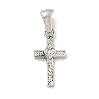 Ion Plating(IP) 304 Stainless Steel Cubic Zirconia Pendants, Cross Charm, Stainless Steel Color, 18.5x10x2mm, Hole: 6x3mm