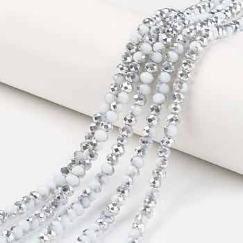 Electroplate Opaque Glass Beads Strands, Half Silver Plated, Faceted, Rondelle, White, 8x6mm, Hole: 1mm, about 63~65pcs/strand, 39~40cm