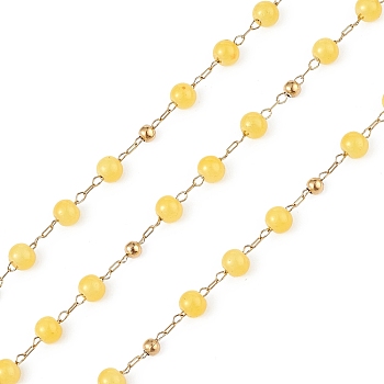 Dyed Natural Jade Round Beaded Chain, with Golden 304 Stainless Steel Satellite Chains, Unwelded, with Spool, Yellow, 2.5x1x0.3mm, 5x4mm, 3mm, about 32.81 Feet(10m)/Roll