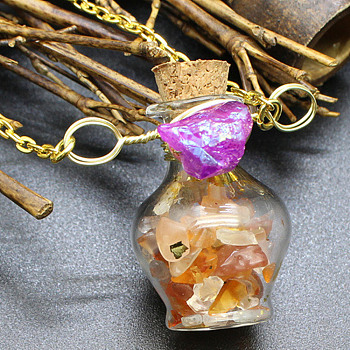 Natural Red Agate Chips Perfume Bottle Necklace, Glass Pendant Necklace with Alloy Chains for Women, 19.69 inch(50cm)
