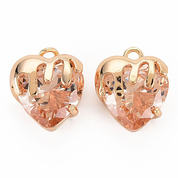 Brass Micro Pave Cubic Zirconia Charms, Real 18K Gold Plated, Nickel Free, Heart, PeachPuff, 13x11x7.5mm, Hole: 1.6mm