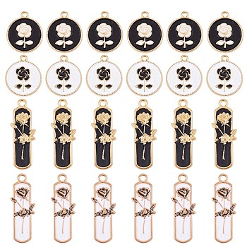 40Pcs 4 Style Alloy Enamel Pendants, Golden, Rectangle & Flat Round with Rose, Mixed Color, 31x12.4mm, 10pcs/style