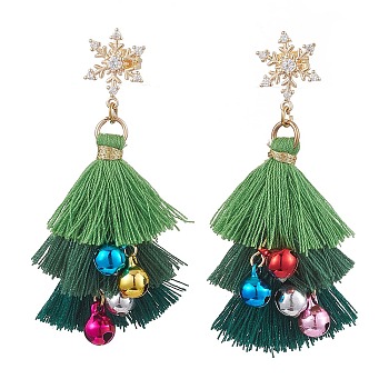 Polycotton Tassels Christmas Tree & Bell Stud Dangle Earring, Brass Cubic Zirconia Snowflake Earring for Women, Green, 58.5x24mm