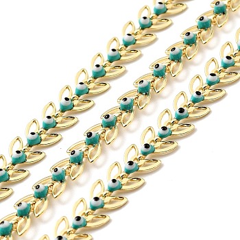Handmade Brass Leaf Link Chain, with Medium Turquoise Enamel Evil Eye Beaded, Lead Free & Cadmium Free, Unwelded, with Spool, Real 18K Gold Plated, 6x6x2mm