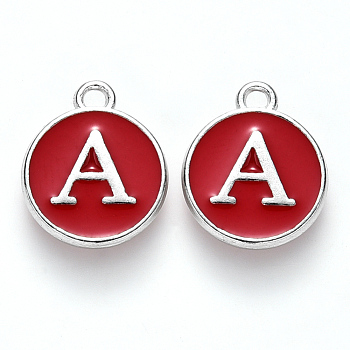 Platinum Plated Alloy Enamel Charms, Cadmium Free & Lead Free, Enamelled Sequins, Flat Round with Letter, Red, Letter.A, 14x12x2mm, Hole: 1.5mm