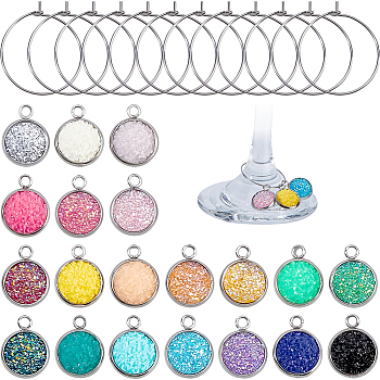 DIY Wine Glass Charm Making Kits, including Flat Round Resin Pendants and 316 Surgical Stainless Steel Rings, Mixed Color, 17.5x14x4.5mm, Hole: 2.2mm