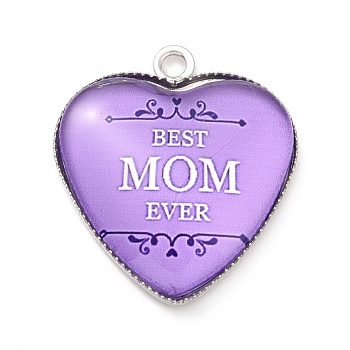 Mother's Day Alloy Pendants, with Glass, Platinum, Heart Charm with Word Mom, Lilac, 23x20.5x4mm, Hole: 2mm