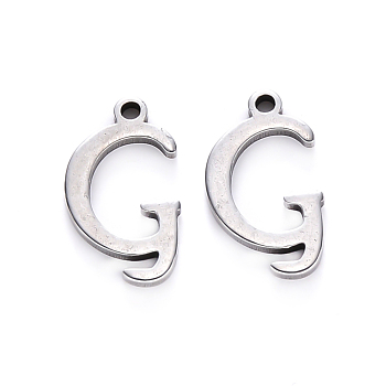 201 Stainless Steel Charms, Laser Cut, Stainless Steel Color, Letter.G, 13x7.5x1mm, Hole: 1mm