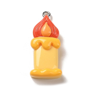 Opaque Resin Pendants, Halloween Charms with Platinum Tone Alloy Loops, Gold, Candle, 33x14.5x8mm, Hole: 1.5mm