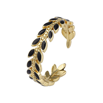 Enamel Leaf Open Cuff Rings, Real 18K Gold Plated Brass Jewelry for Women, Nickel Free, Black, US Size 8 1/2(18.5mm)