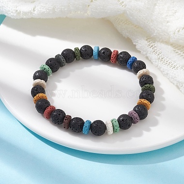 Bracelets extensibles en perles de lave naturelles teintes rondes et à disques pour femmes(BJEW-JB09667)-2