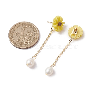 Natural Pearl & Resin Sunflower Dangle Stud Earrings(EJEW-JE05692-02)-3