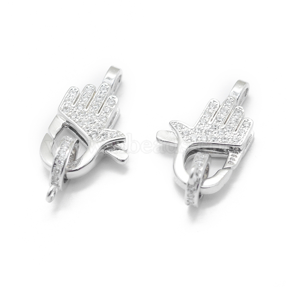 925 Sterling Silver Lobster Claw Clasps, with Cubic Zirconia, Carved 925,  Palm, Clear, Platinum, 26mm; Clasp: 20x12.5x4mm, Hole: 1.9mm and 1.5mm