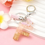 Resin & Acrylic & Faux Suede Tassel Keychain, with Alloy Clasp and Iron Rings, Letter F, 9.5cm(KEYC-YW00123-06)