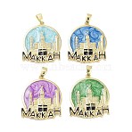Rack Plating Brass Enamel Pendants, Long-Lasting Plated, Lead Free & Cadmium Free, Real 18K Gold Plated, Flat Round with MAKKAH Charm, Mixed Color, 30x26x3mm, Hole: 5.5x3.5mm(KK-H474-21G)