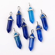 Natural Agate Double Terminated Pointed Pendants, with Random Alloy Pendant Hexagon Bead Cap Bails, Bullet, Platinum, 37~40x12mm, Hole: 3mm(X-G-F295-05G)