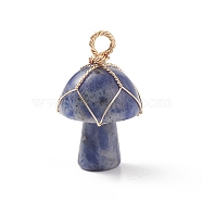 Natural Sodalite Pendants, Mushroom Charm, with Light Gold Tone Eco-Friendly Copper Wire Wrapped, 27.5x16mm, Hole: 3mm(PALLOY-TA00005-01)