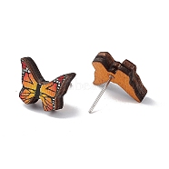 Natural Wood Stud Earrings, 316 Stainless Steel Jewelry for Women, Butterfly Pattern, 11x14.5mm, Pin: 0.6mm(EJEW-C013-01C)