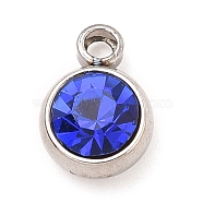 304 Stainless Steel Charms, with Acrylic Rhinestone, Birthstone Charms, Faceted, Flat Round, Stainless Steel Color, Sapphire, 8.2x6x3.5mm, Hole: 1.2mm(STAS-I165-04C-P-05)