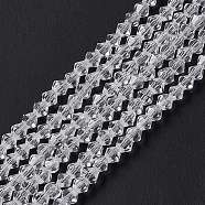Imitation Austrian Crystal 5301 Bicone Beads, Faceted Glass Beads Strands, Clear, 3x3~3.5mm, Hole: 0.5mm, about 125~130pcs/strand, 15.5 inch(GLAA-S026-3mm-07)