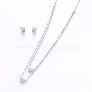 304 Stainless Steel Jewelry Sets, Stud Earrings and Pendant Tiered Necklaces, Heart, Stainless Steel Color, Necklace: 18.1 inch(46cm), 1.5mm, Stud Earrings: 7x8x1.2mm, Pin: 0.8mm(SJEW-O090-33P)