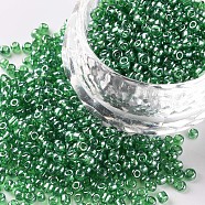 Glass Seed Beads, Trans. Colours Lustered, Round, Dark Green, 2mm, Hole: 1mm, 3333pcs/50g, 50g/bag, 18bags/2pounds(SEED-US0003-2mm-107B)