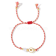 Adjustable Cotton Cord Braided Bead Bracelet, with Brass and Plastic Imitation Pearl Bead for Women, Flat Round with Heart, Colorful(VB8929)