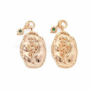 Brass Emerald Rhinestone Pendants, Birth Flower Charms, Nickel Free, Oval with Star, Real 18K Gold Plated, May Lily of the Valley, 23x13x2mm, Hole: 3mm, Star: 9x4x1mm(X-KK-S364-221)