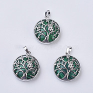 Malachite Pendants, with Brass Findings, Flat Round with Tree of Life, Platinum, 31~32x27x8~9mm, Hole: 5x7mm(G-K234-E17)