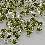 Sew on Rhinestone, Grade A Glass Rhinestone, with Brass Prong Settings, Garments Accessories, Silver Color Plated Metal Color, Olivine, 3~3.2x3~3.2mm, Hole: 1mm, about 1440pcs/bag(RB-J179-SS12-228)