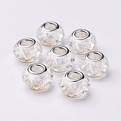 Glass European Beads, Large Hole Beads, Faceted, Clear, with Iron Core in Silver Color Plated, Clear, 10x13mm, Hole: 5mm(GDA001-01)