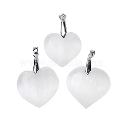 Natural Selenite Pendants, with Platinum Tone Rack Plating Brass Snap on Bails, Heart, 40~43x30~33x8~12mm, Hole: 4x7mm(G-M091-01B)