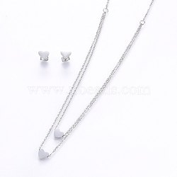 Tarnish Resistant 304 Stainless Steel Jewelry Sets, Stud Earrings and Pendant Tiered Necklaces, Heart, Stainless Steel Color, Necklace: 18.1 inch(46cm), 1.5mm, Stud Earrings: 7x8x1.2mm, Pin: 0.8mm(SJEW-O090-33P)