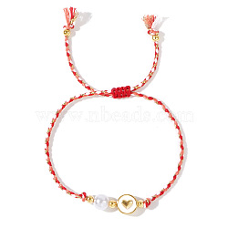 Adjustable Cotton Cord Braided Bead Bracelet, with Brass and Plastic Imitation Pearl Bead for Women, Flat Round with Heart, Colorful(VB8929)