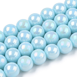 Electroplate Opaque Glass Beads Strands, AB Color Plated, Round, Light Blue, 9.5~10mm, Hole: 1.5mm, about 40~42pcs/strand, 14.76~15.12 inch(37.5~38.4cm)(GLAA-T032-P10mm-AB10)