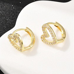 Hollow Heart Brass Micro Pave Clear Cubic Zirconia Hoop Earrings, Real 18K Gold Plated, 12x11.5x9.5mm(EJEW-D348-10G)
