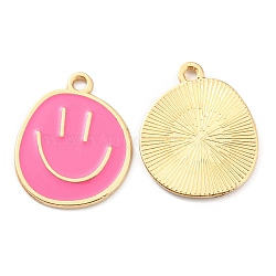 Alloy Enamel Pendants, Golden, Flat Round with Smiling Face Charm, Hot Pink, 24.5x20x1.5mm, Hole: 2mm(ENAM-D051-18G-04)