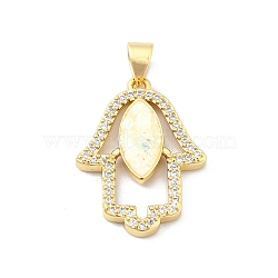 Brass Micro Pave Clear Cubic Zirconia Pendants, with Sythetic Opal, Hamsa Hand/Hand of Fatima/Hand of Miriam, Real 18K Gold Plated, 23.5x17.5x3.5mm, Hole: 4x3.5mm(KK-A221-07G)