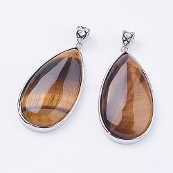 Natural Tiger Eye Big Pendants, with Platinum Tone Brass Findings, Lead Free & Nickel Free, Teardrop, 50x26x9mm, Hole: 5x6mm(G-I184-02)