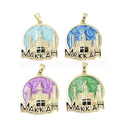 Rack Plating Brass Enamel Pendants, Long-Lasting Plated, Lead Free & Cadmium Free, Real 18K Gold Plated, Flat Round with MAKKAH Charm, Mixed Color, 30x26x3mm, Hole: 5.5x3.5mm(KK-H474-21G)