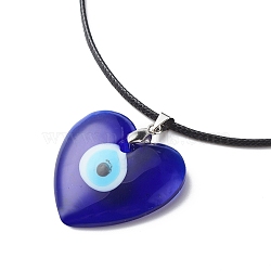Blue Lampwork Evil Eye Pendant Necklace with Waxed Cord for Women, Heart Pattern, Pendant: 40x35x7mm, 17.64~17.72 inch(44.8~45cm)(NJEW-JN03955-03)