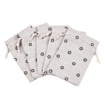 Polycotton(Polyester Cotton) Packing Pouches Drawstring Bags, with Printed Flower, Linen, 14x10cm