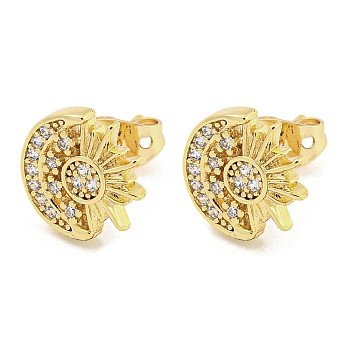 Brass Micro Pave Cubic Zirconia Ear Studs, Moon, 10.5x10mm