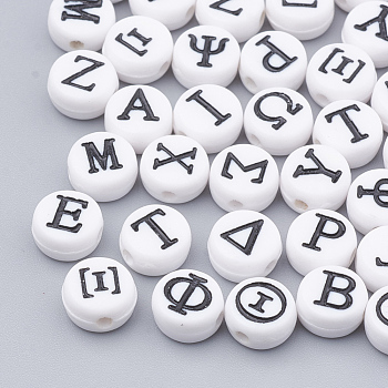 Acrylic Beads, Flat Round with Greek Alphabet, Mixed, 7x4mm, Hole: 1.5mm, about 3700pcs/500g