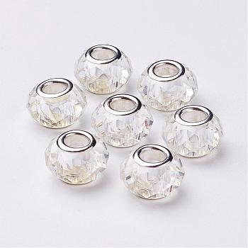 Glass European Beads, Large Hole Beads, Faceted, Clear, with Iron Core in Silver Color Plated, Clear, 10x13mm, Hole: 5mm