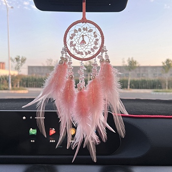 Natural Gemstone Chips Woven Net/Web with Feather Hanging Ornaments, Iron Ring for Home Car Decoration, Pink, 47cm