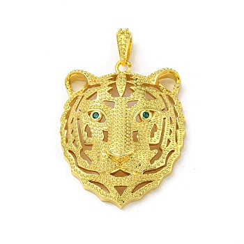 Real 18K Gold Plated Brass Pendants, with Cubic Zirconia, Leopard Head Charms, Green, 45x36x15mm, Hole: 7.8x4.8mm