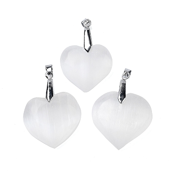 Natural Selenite Pendants, with Platinum Tone Rack Plating Brass Snap on Bails, Heart, 40~43x30~33x8~12mm, Hole: 4x7mm